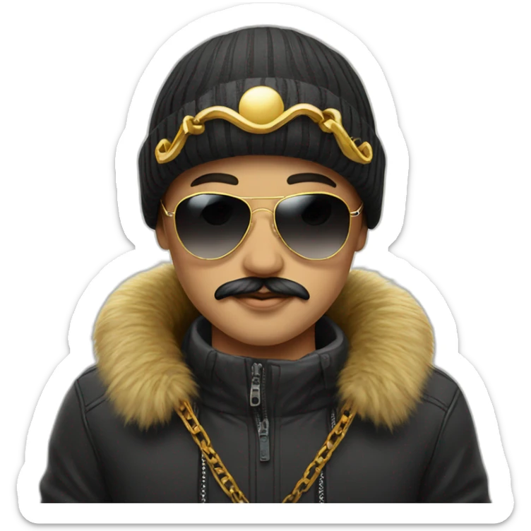 A boy with moustache , black sunglasses and wearing golden chain in neck and a winter cap potrait  sticker