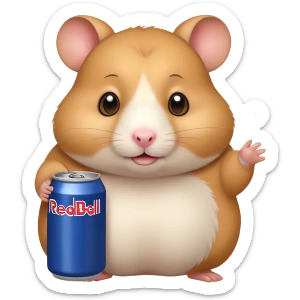 Funny cartoon-style fat hamster wide eyed with a can of redbull sticker