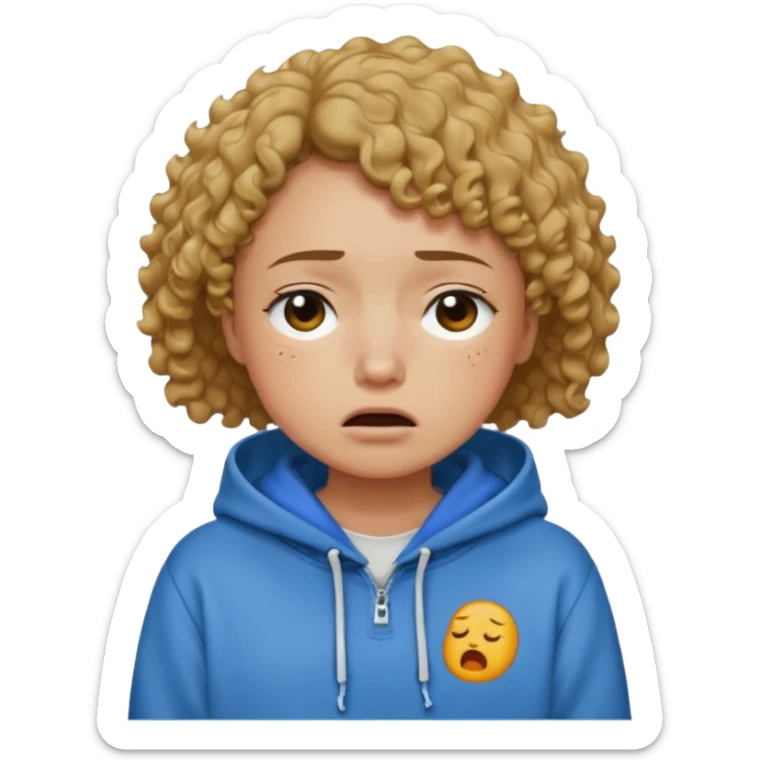 person in normal clothes crying, short curly hair, wearing a hoodie sticker