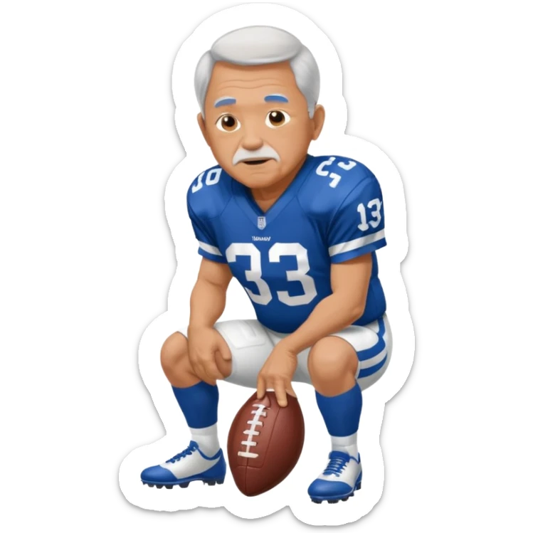 A grandpa playing football wearing an Indianapolis Colts jersey is. Show him kind of crouch down to the ground, holding the football and show  back of his jersey. sticker