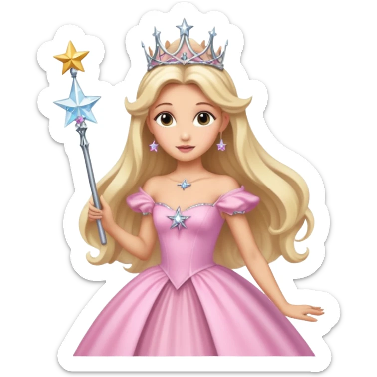 glinda the good witch from wicked movie (ariana) blonde hair, beautiful, big silver thin tiara, star wand, pink gown sticker