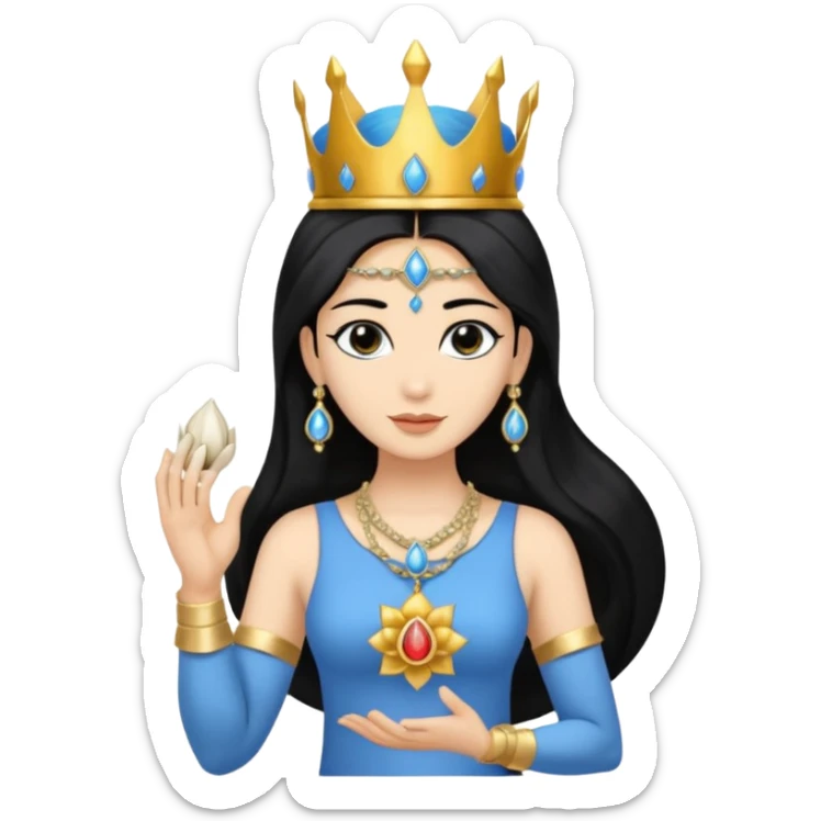 mahavishnu, shoulder length black hair, wearing crown, holding conch and chakra, blue color skin sticker