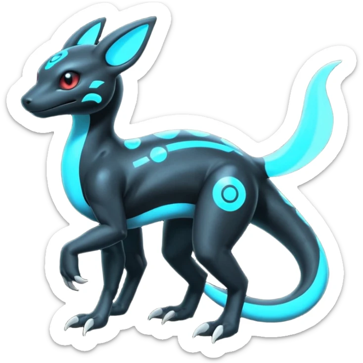 White and Cyan-glowing Futuristic  Salandit-Umbreon-Fakémon-hybrid-creature (full body)  sticker
