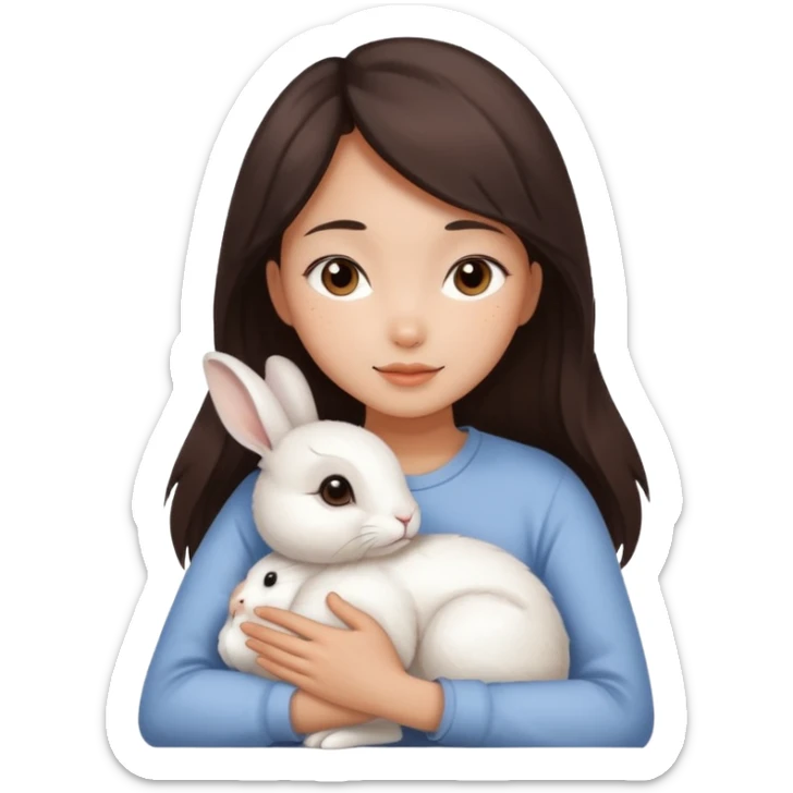 A young Asian woman with dark brown, almost Asian girl with dark brown hair, brown eyes, light Asian skin, hugging a white rabbit with light brown spots, soft and warm atmosphere.
  sticker