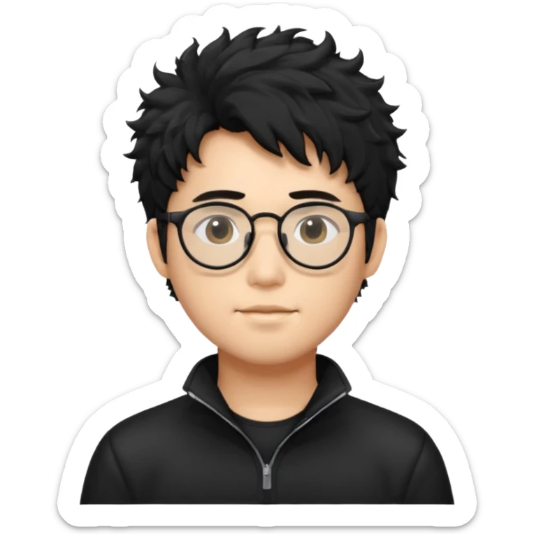 Make an Asian male with black fluffy messy hair wearing a black quarter zip and glasses sticker