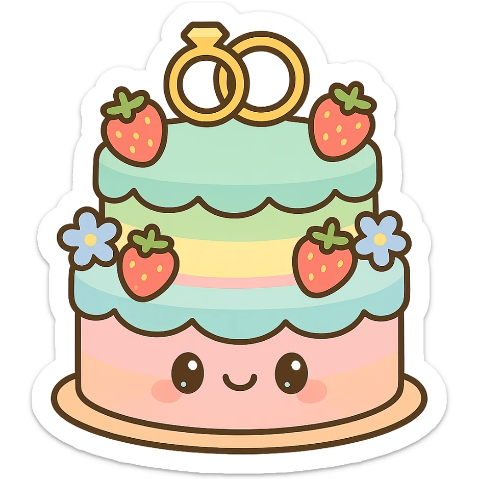 pastel rainbow wedding cake with strawberries, pastel blue flowers, gold ring topper, kawaii style sticker