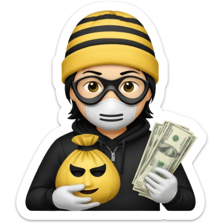 A yellow guy with a black beanie white shirt with black stripes a black mask for it's eyes and holding a money bag with yellow hair sticker