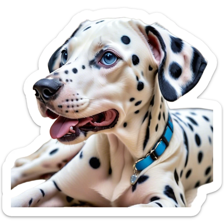 Cinematic Cute Yawning Spotted Dalmatian Portrait Emoji, Head tilted slightly with a dramatic, wide-open yawn, showcasing a smooth Fur of predominantly white with bold black patches, floppy ears slightly drooping, round blue eyes barely open in drowsy contentment, Simplified yet irresistibly adorable features, highly detailed, glowing with a soft, cozy glow, high shine, relaxed yet expressive, stylized with a touch of whimsy, bright and endearing, soft glowing outline, capturing the essence of a sleepy yet affectionate guardian, so drowsy it feels like it could stretch out of the screen and curl up for a nap! sticker