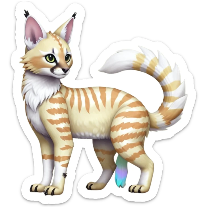 Colorful tropical tribal pale light fruity pastel white glorious iridescent divine exotic cute albino neon vibrant zigzagged cool beautiful fantasy-caracal-civet-genet-sergal-vernid-Gryphon-Cacomistle-Trico-oncilla-animal-Fakémon-hybrid-fursona (full body), facial markings,  sticker