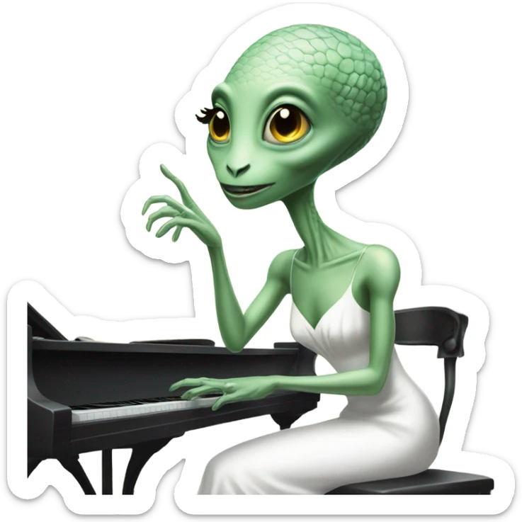a Reptilian alien woman, play a piano, in white elegant dress sticker