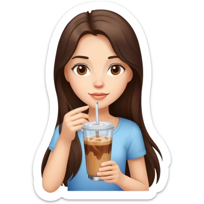 Brunette girl with long hair holding a glass with iced coffee in it  sticker