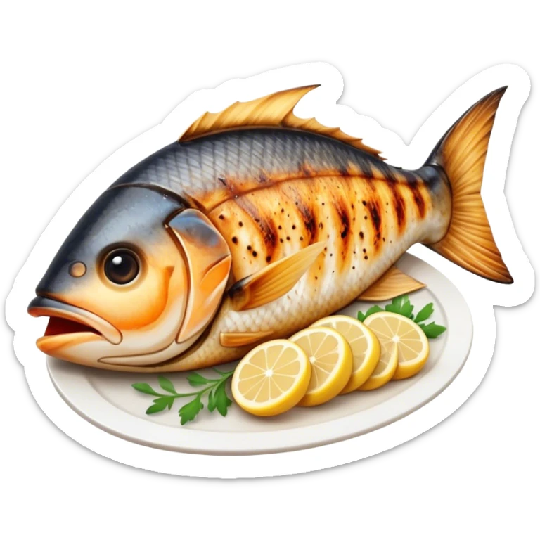 Cinematic Realistic Gradele (Grilled Fish) Dish Emoji, depicted as perfectly grilled fish with a smoky, charred finish rendered with lifelike detail and appetizing, natural lighting. sticker