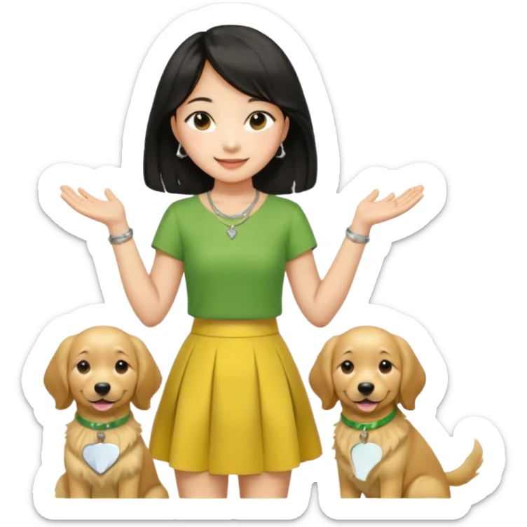 The upper body of a fair-skinned Asian girl. Wearing a yellow-green round-neck skirt, a thin silver necklace, medium-length hair, long black and straight hairstyle, slightly curly hair, smiling, holding a golden retriever, and five fingers on both hands. sticker