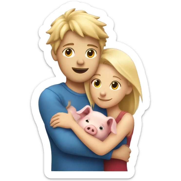 blonde hair girl holding pig and blonde hair boy hugging lion sticker
