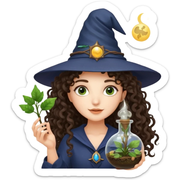 A long curly haired brunette girl with a moon witch hat, and a plant wand or plant potion terrarium sticker