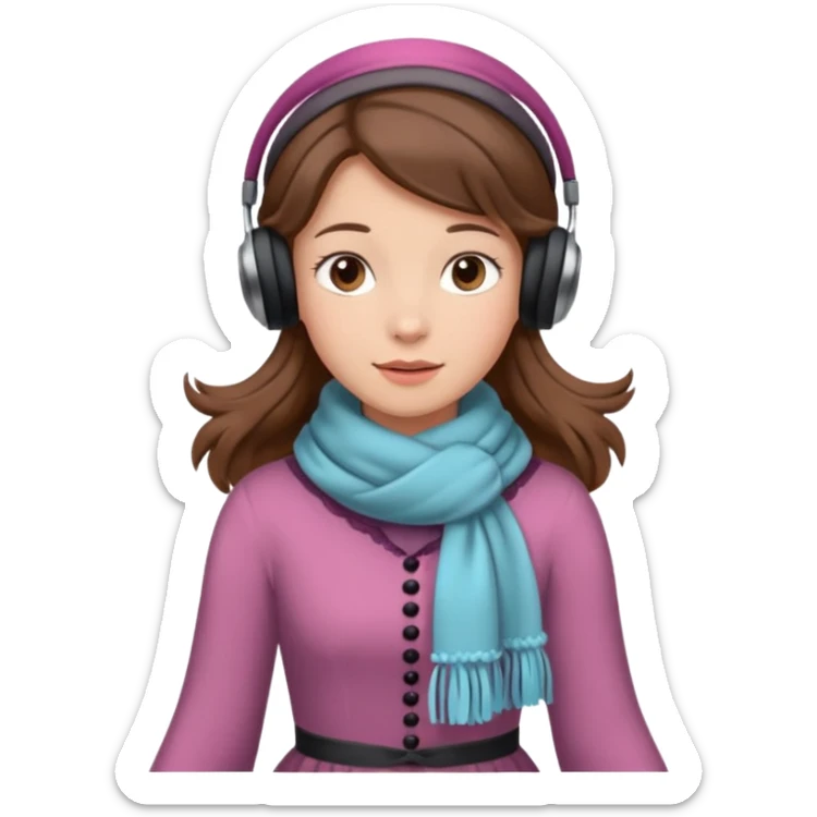 Victorian ice skater in a long dress. She is wearimg a scarf and earmuffs. She has boriwn hair. sticker