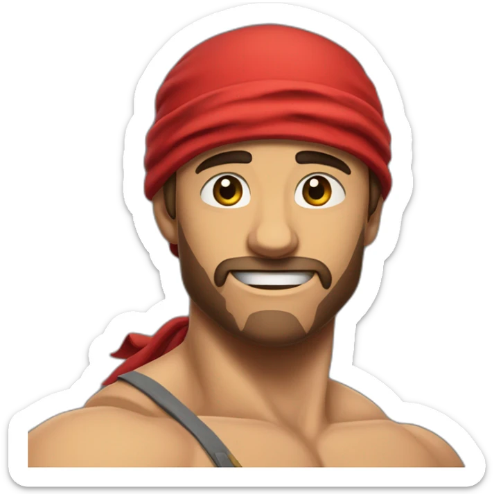 muscular man in red bandana standing sideways turns his head to the viewer,his left hand is bent in the elbow,torso sticker