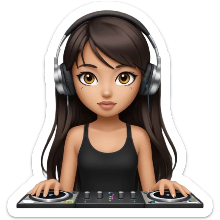 generate a pretty bratz girl in black cami top, dark brown straight long hair with bangs, eyeliner on, djing sticker