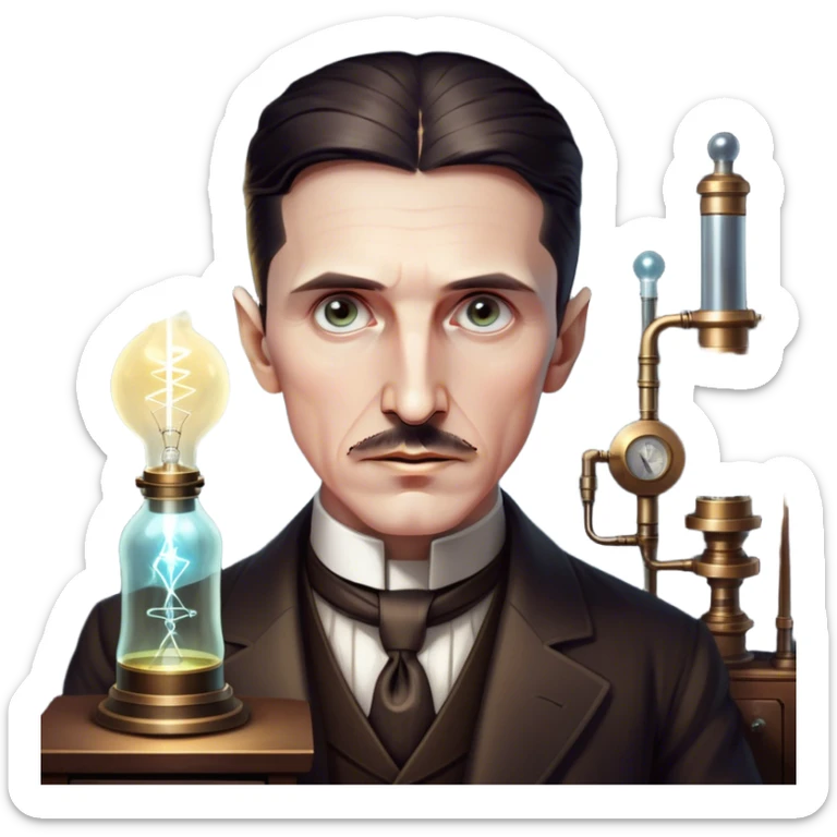 Nikola Tesla – Cinematic Realistic Portrait of Nikola Tesla, depicted as a visionary inventor with intense, thoughtful eyes and period attire, surrounded by subtle arcs of electric light and early laboratory apparatus, rendered with dramatic lighting that evokes mystery and innovation. sticker