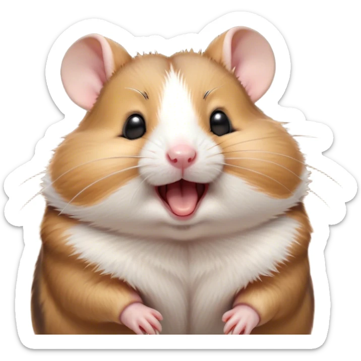 Cinematic Cute Yawning Brown and White Banded Hamster Portrait Emoji, Head tilted slightly with a dramatic, wide-open yawn, revealing a soft, banded fur of brown and white with tiny droopy ears, round dark eyes barely open in drowsy contentment, Simplified yet irresistibly adorable features, highly detailed, glowing with a soft, cozy glow, high shine, relaxed yet expressive, stylized with a touch of whimsy, bright and endearing, soft glowing outline, capturing the essence of a sleepy yet affectionate hamster, so drowsy it feels like it could stretch out of the screen and curl up for a nap! sticker