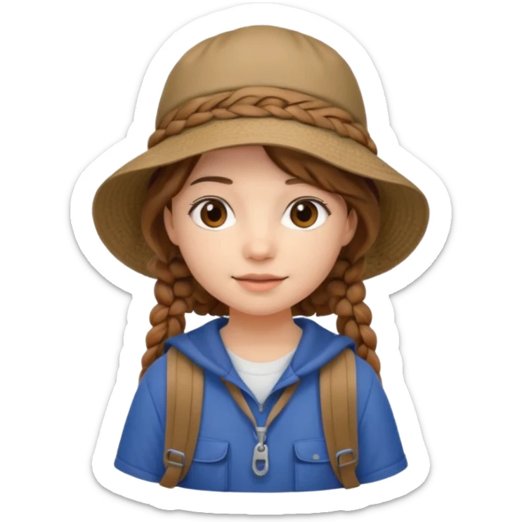 a young student girl with the backpack with bucket hat, brown wavy braided hair sticker