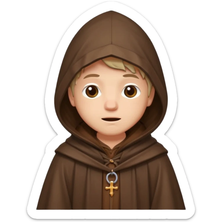 vorrei un piccolo buffo pellegrino medievale con abito e cappuccio marrone sotto la pioggia in stile stickers  sticker