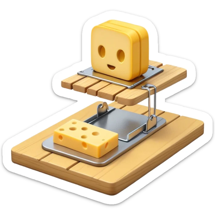A 3D emoji in iOS emoji aesthetic style of a small mousetrap on a wooden base with a tiny gray mouse approaching a small piece of yellow cheese on it, minimal white background, bright lighting, clean and glossy Apple-style design sticker
