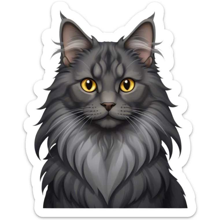 Portrait of a black smoke Maine Coon cat with long grey ear tufts and a large grey ruff around its neck. The cat has a majestic expression, with fluffy fur and striking eyes. Transparent background. sticker