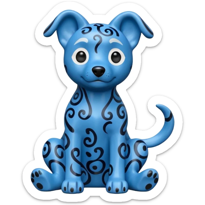 The image is of a small figurine of a blue dog. The dog is sitting on its hind legs with its front paws stretched out in front of it. The body of the dog is covered in a pattern of blue and black swirls, giving it a textured appearance.  sticker