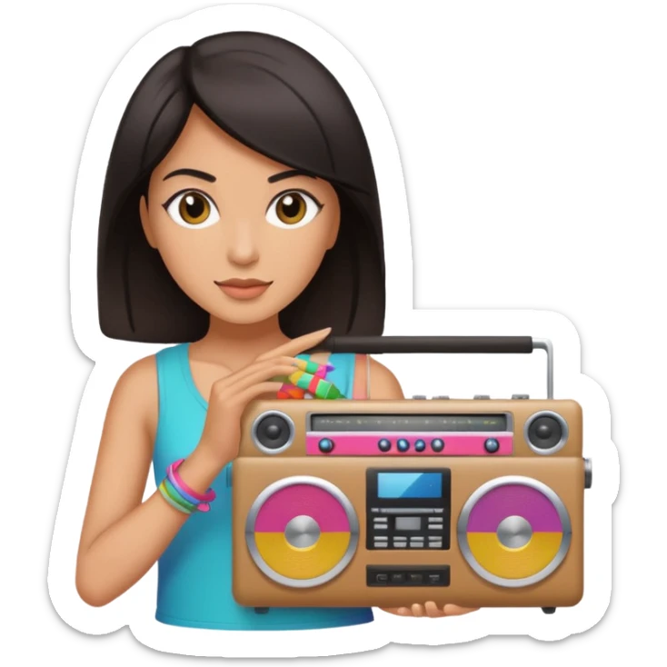 dar hair woman holding colorful boombox sticker