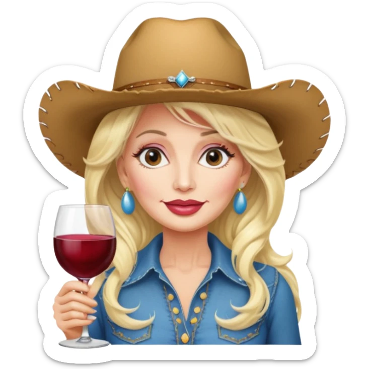 Dolly Parton with a huge glass of wine on a bachelorette trip and a cowboy hat and huge lips sticker