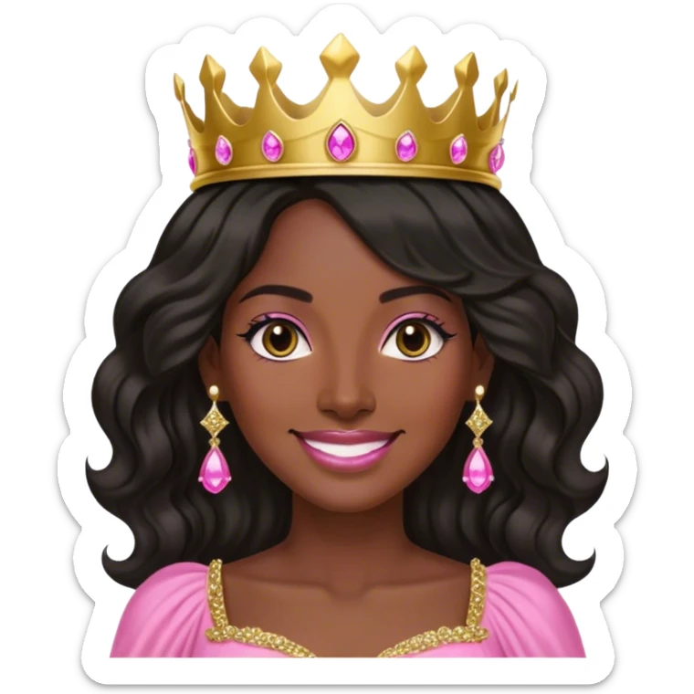 Crown dark black women smiling with really long lightly WAVY hair pink dress pink crown facing forward black hair middle age adult woman gold gems in crown gold earrings  one woman sticker