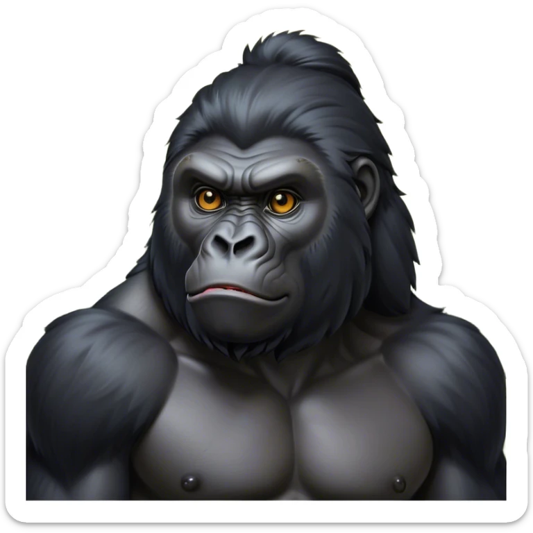 Cinematic Noble mountain Gorilla Portrait Emoji, Poised and majestic, with a powerful, muscular frame accentuated by a distinguished black and grey mane and piercing, wise eyes, Simplified yet sharp and sophisticated features, highly detailed, glowing with a soft, regal jungle glow, high shine, intelligent and commanding, stylized with an air of imperial strength, focused and resolute, soft glowing outline, capturing the essence of a watchful guardian that feels as though it could step out of the screen with effortless authority! sticker