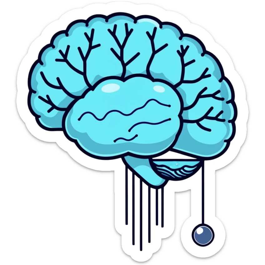 Cute sticker of a pearl and light blue capsule floating around a transparent brain with sparkling neural connections, surrounded by a gentle focus enhancing fog sticker