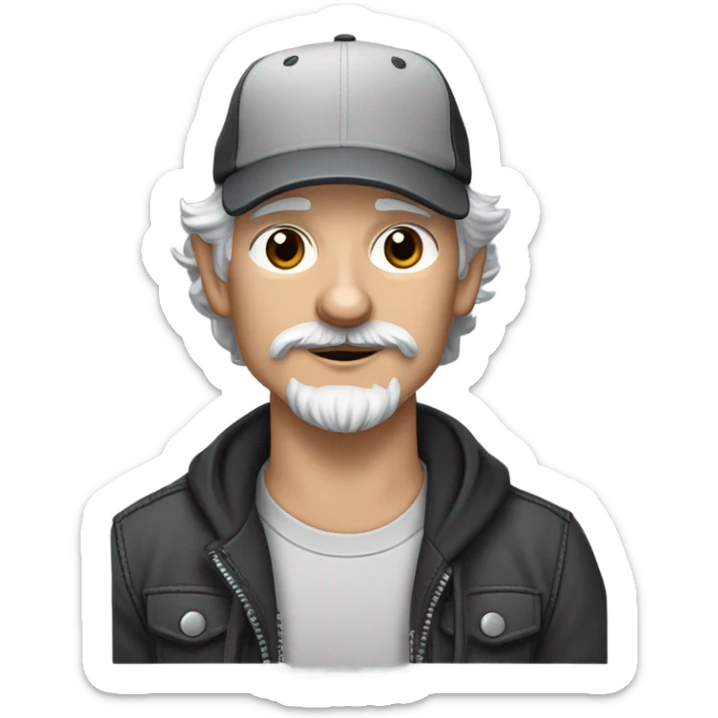 blue eyed gray haired gray goatee man in ball cap holding a black longhair chihuahua  sticker