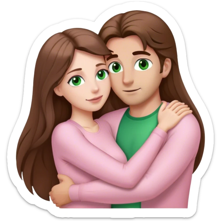 white woman with very long brown hair and green eyes in a light pink outfit hugging a man  sticker