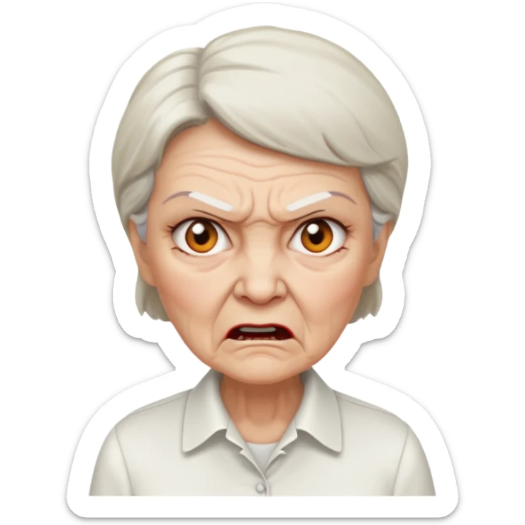 a portrait of angry elderly woman, wearing shirt sticker
