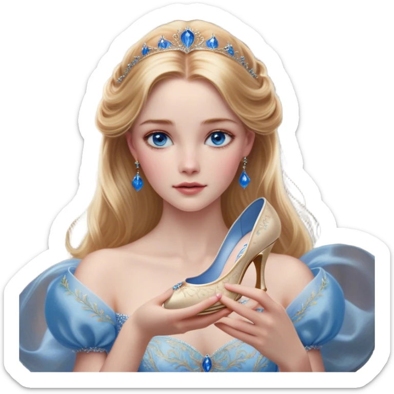 Cinematic Realistic Cinderella Portrait, depicted with lifelike skin texture, subtle rosy undertones, and soft natural lighting that enhances the gentle contours of her face. Her intricately detailed golden blonde hair is elegantly styled in an updo, with delicate wisps framing her face for added realism. Her deep, expressive blue eyes radiate warmth and sincerity, reflecting a quiet resilience and grace. She is dressed in her iconic ball gown, the fabric shimmering with intricate embroidery and fine translucent layers that catch the light beautifully. The soft sheen of satin gloves and the delicate sparkle of a glass-like slipper peeking from beneath her dress add a touch of magical realism. The portrait features an enchanting glow with a natural, luminous finish, seamlessly blending realism and fairytale charm to evoke a sense of depth, elegance, and timeless beauty. sticker