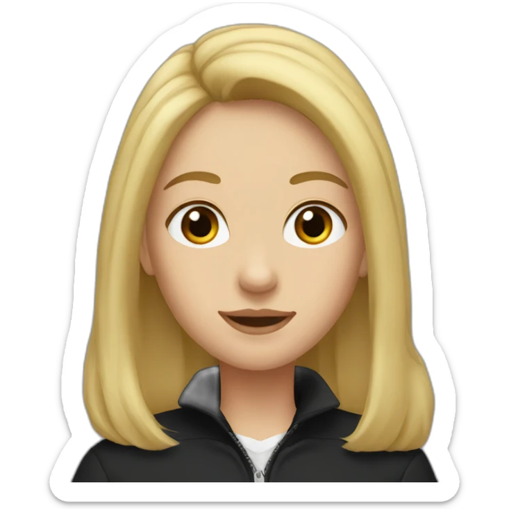 A girl with brown eyes and blond long hair in a black golf and a black jacket sticker