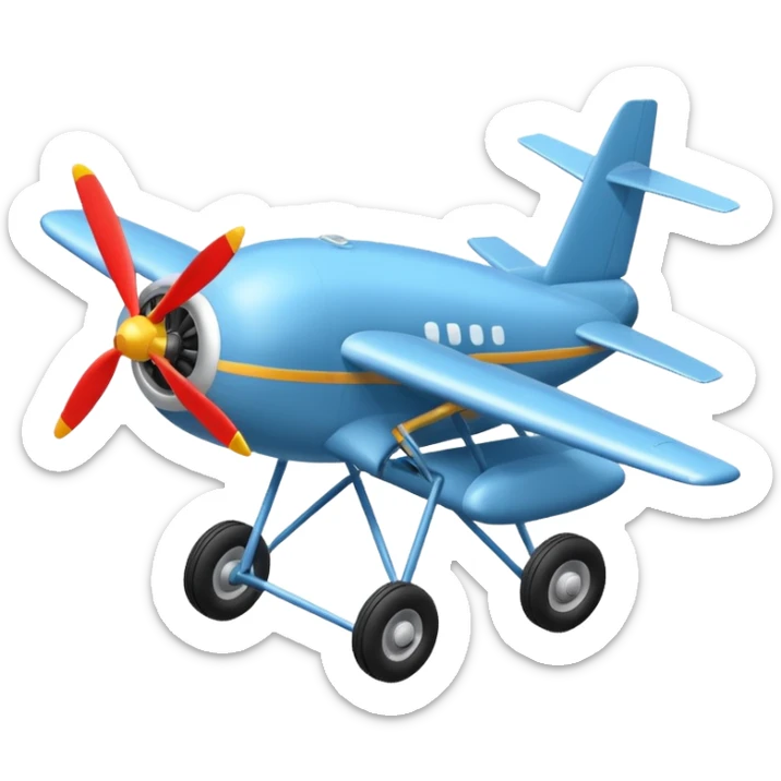 The aircraft's landing gear is one inflated, plump wheel with a strut, black in color, cartoon-style, isometric sticker