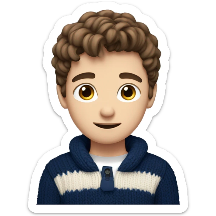 Teenage boy, wear a navy blue knitted sweared, blue eyes, brown hair sticker