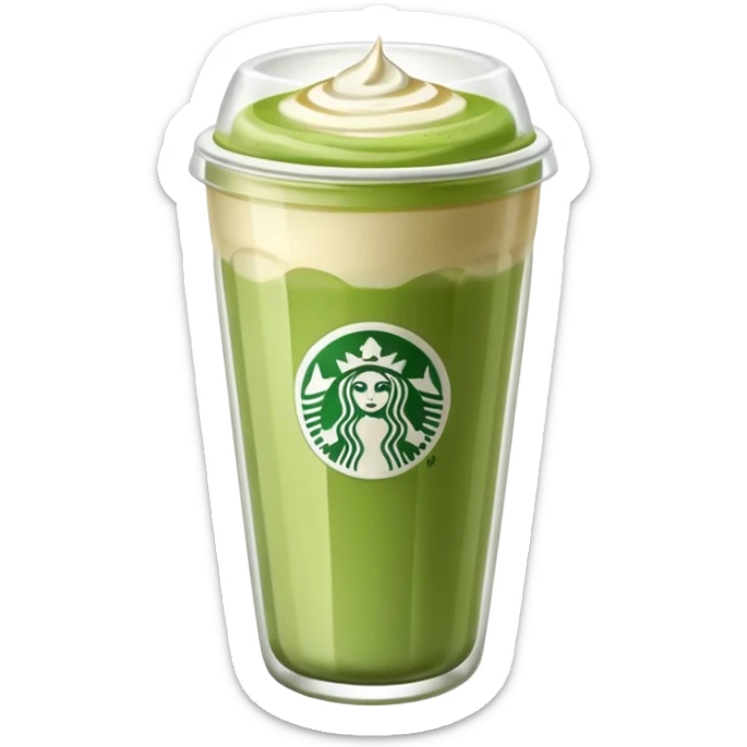 A clear glass with matcha latte. The glass should be a takeaway one, similar to Starbucks', but clear and without the logo. I'd like the latte to blend with the matcha. sticker