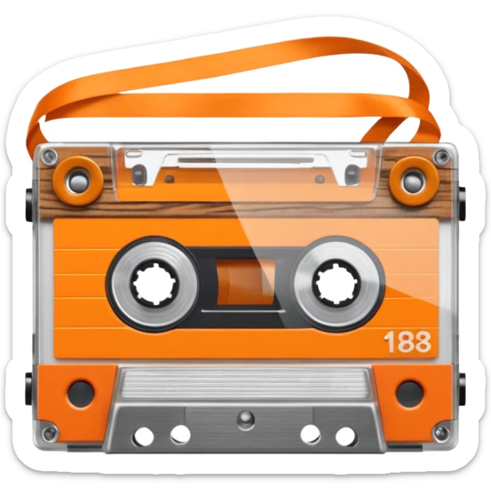 3D render of Cassette Tape, vintage 1980s audio equipment aesthetic, tactile analog buttons, transparent clear plastic with orange ribbon reels inside, mixed wood grain and brushed aluminum textures, Apple emoji style, isolated on white background --v 6.0 sticker