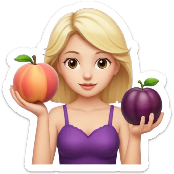 Blonde girl, holding up peach in one hand, eggplant in the other sticker