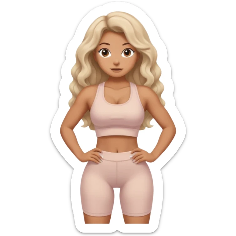 Create dream body girl with big glute and small waist and wavy curl long hair with pastel beige gym clothes  sticker