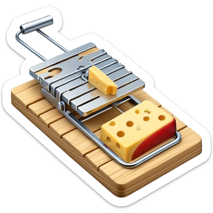 A 3D emoji in iOS emoji aesthetic style of a classic mousetrap with a wooden base and a metal spring mechanism, holding a small piece of yellow cheese, clean and detailed design, white background, glossy Apple-style rendering sticker