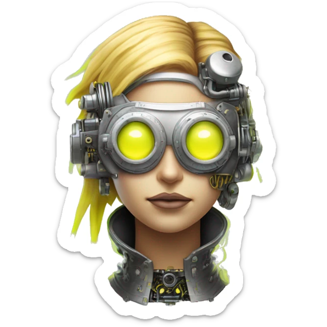 Caucasian female cyborg head with Neon yellow bobbed hair, silver steampunk goggles and circuits sticker