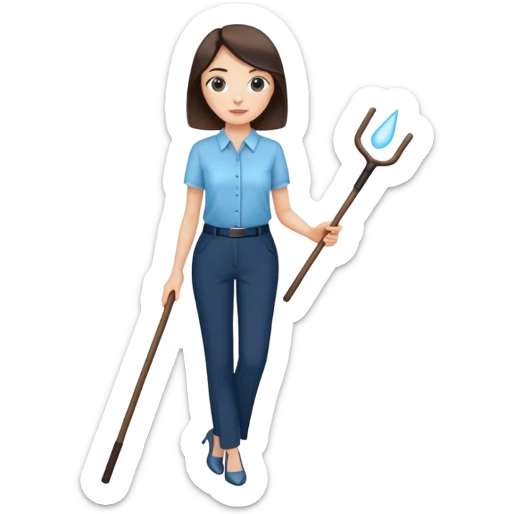 female smart light blue blouse, dark trousers, shoes. one hand holding a stick sticker