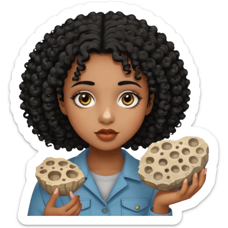 Fille de couleur de peau noir Avec des cheveux bouclés, des yeux de deux couleurs différentes, un petit nez, des lèvres pulpeuses un peu de blush sur les pommettes Highlighter sur le nez fossiles sticker