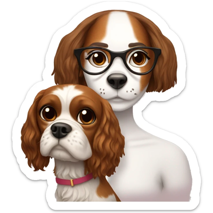 White girl with brown hair wearing glasses holds a king charles spaniel brown dog sticker